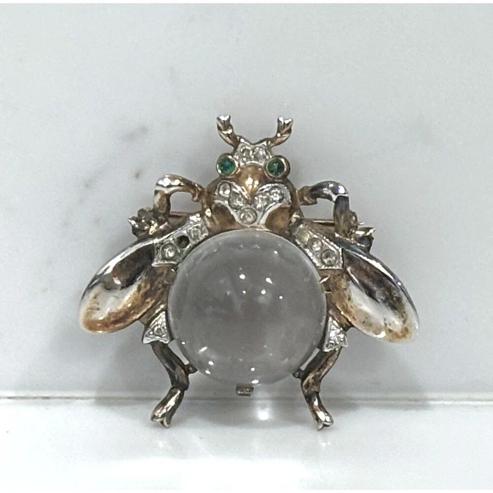 Vintage Trifari Jelly Belly Brooch Sterling Silver Fly Bee Bug Insect Green Eyes